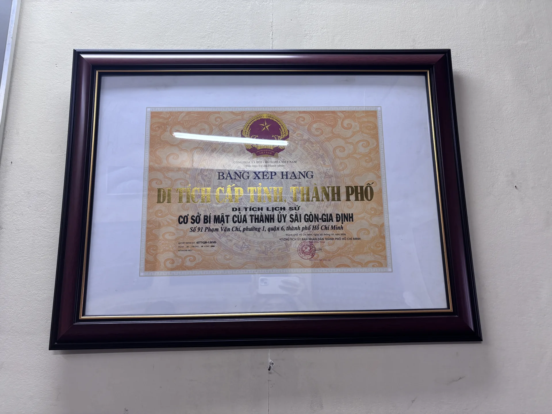 Bằng khen tại 91 Phạm Văn Chí