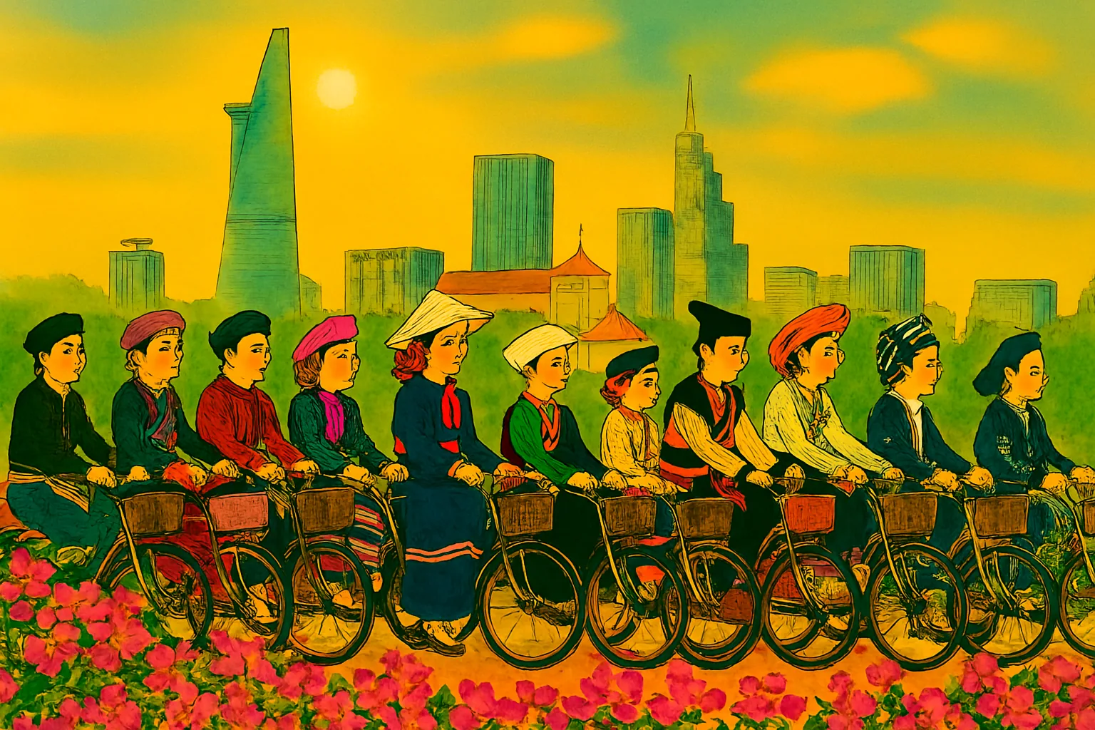 Tranh minh họa nhiều người thuộc các dân tộc đi xe đạp trong khung cảnh thành phố hiện đại và hoa rực rỡ.
