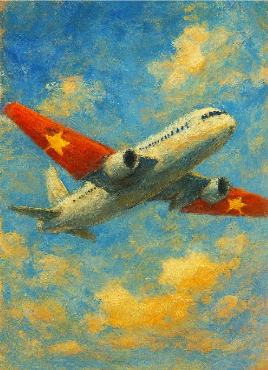 Tranh minh họa máy bay mang biểu tượng cờ Việt Nam bay trên nền trời xanh vàng.