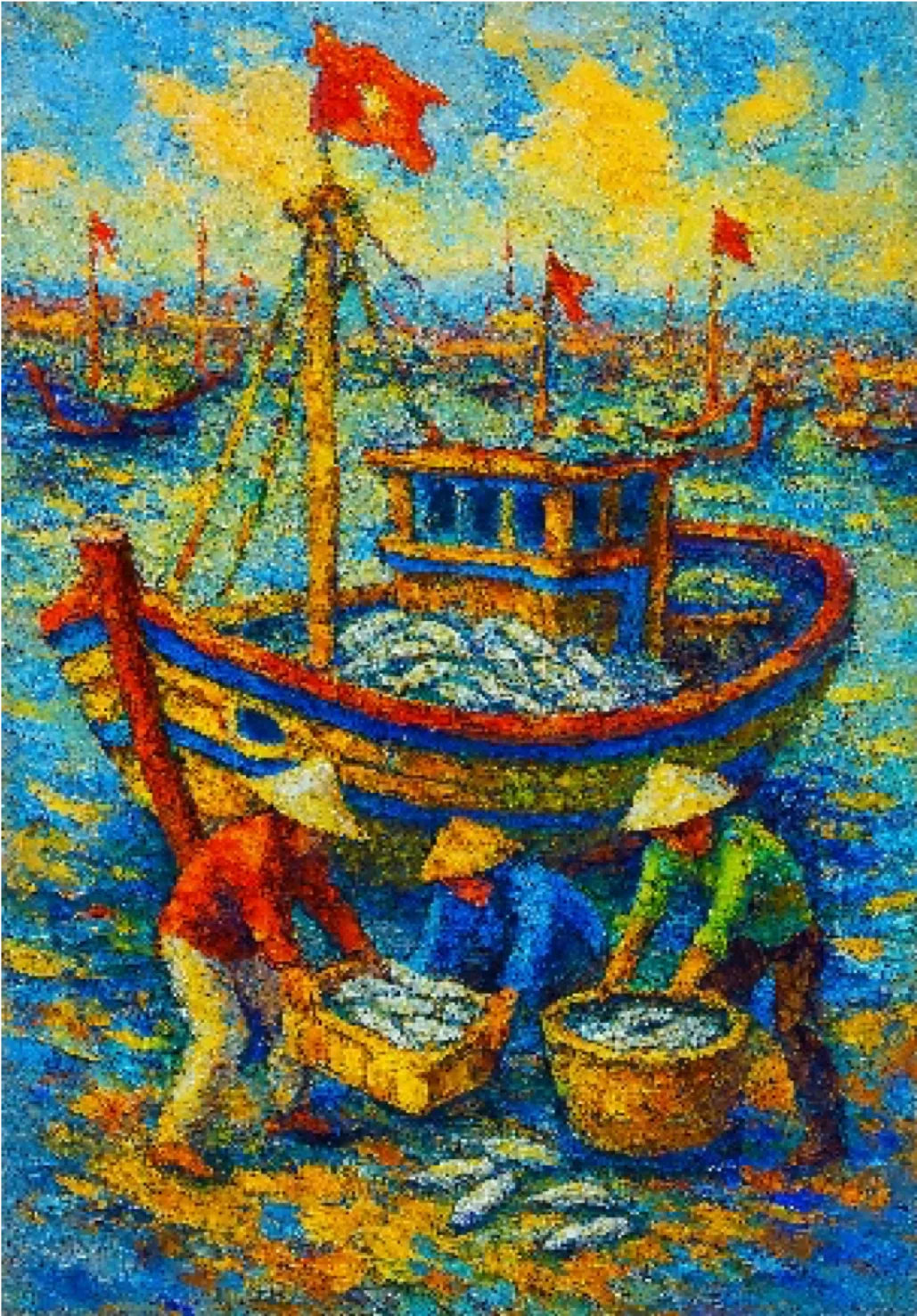 Tranh minh họa bến thuyền, đời sống lao động ven sông với thuyền, người gánh hàng.