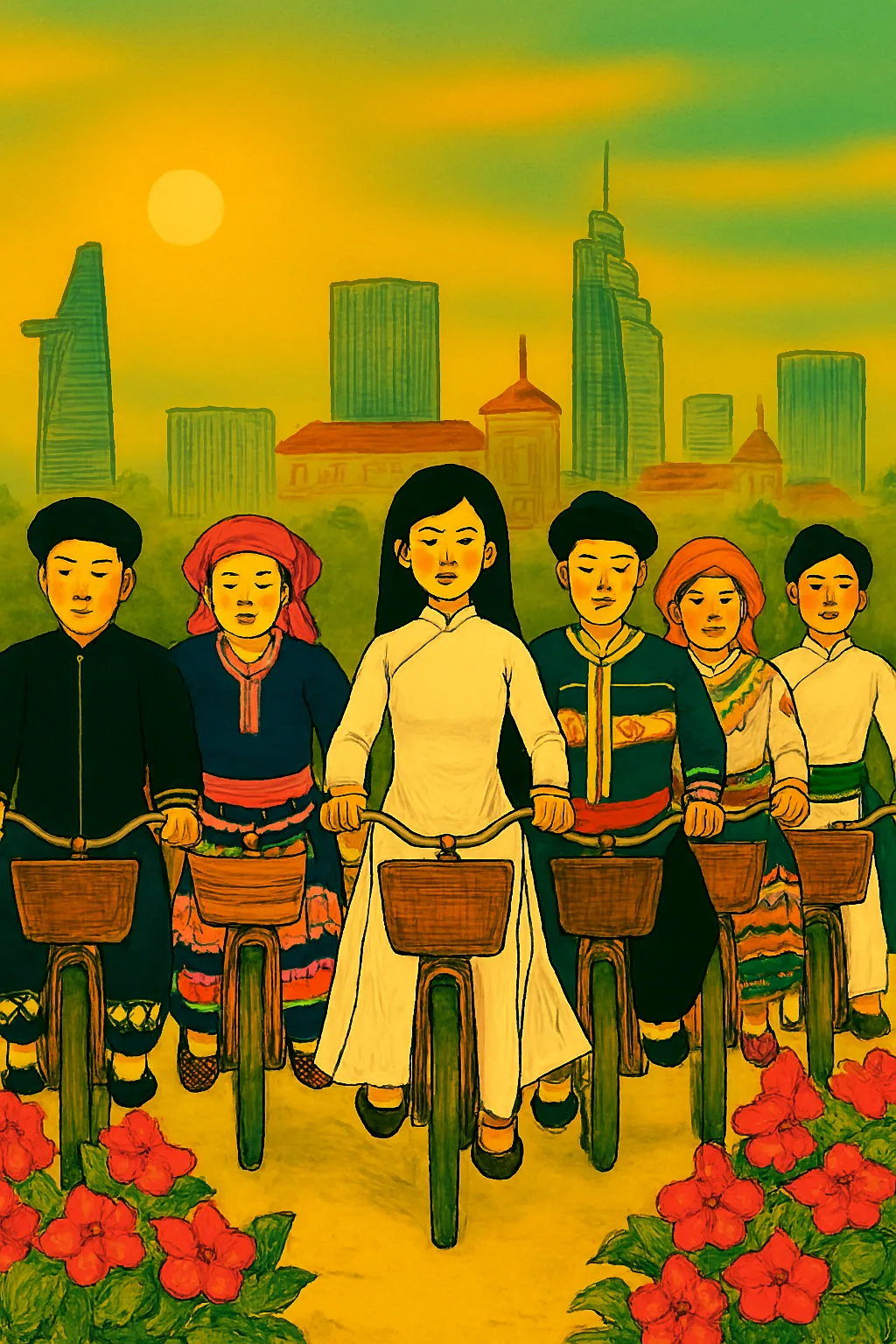 Tranh minh họa nhóm người thuộc nhiều dân tộc đi xe đạp, phía sau là thành phố hiện đại và hoa đỏ.